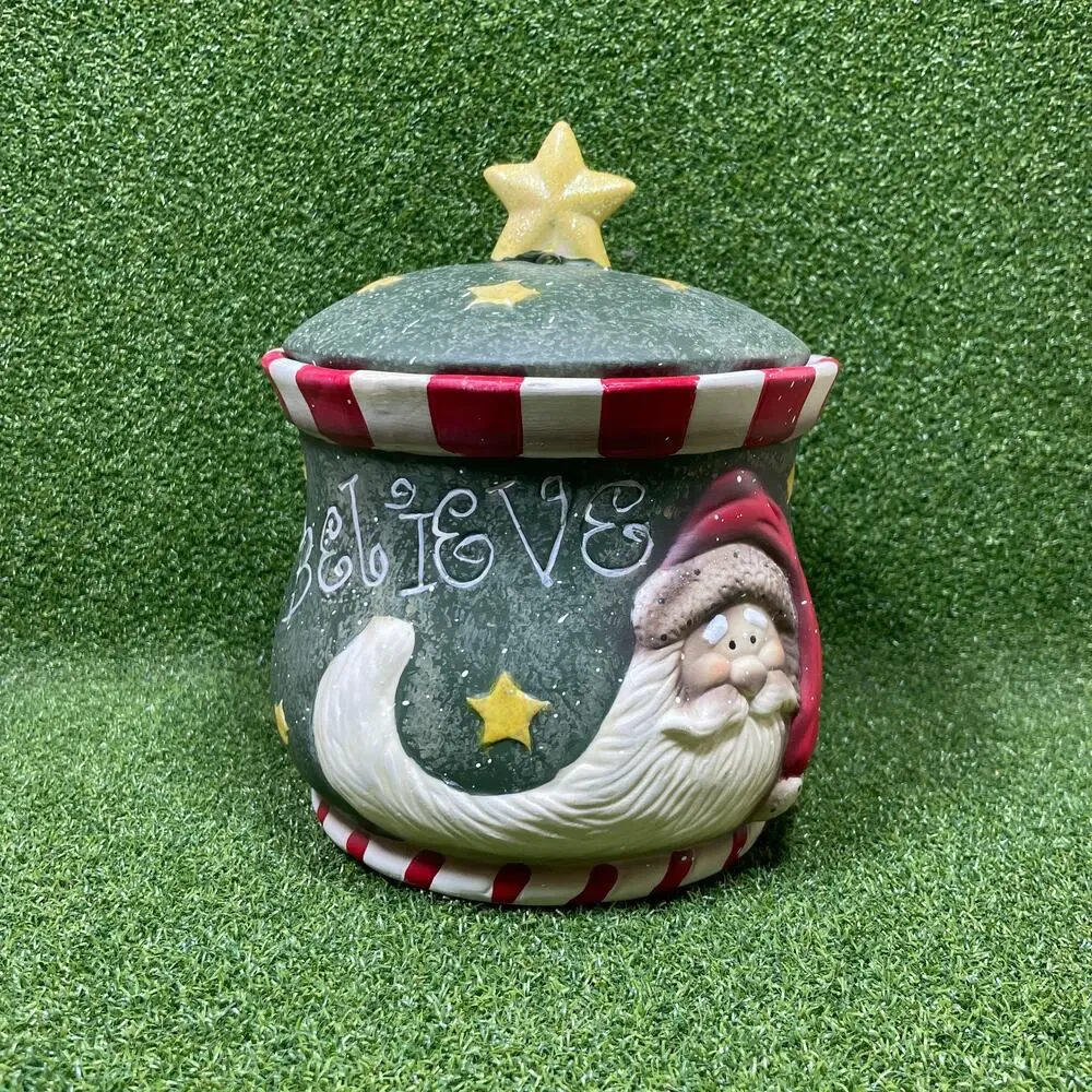 Vintage Christmas Santa Believe Ceramic Cookie Jar Canister